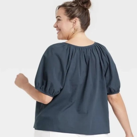 Universal Thread Blouse Puff Short Sleeve Button Up Down Front Navy Size M or L - Picture 5 of 5